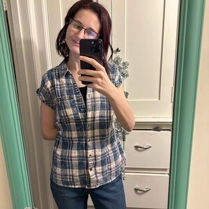 Rock & Republic Navy Blue Multicolored Button Up Plaid Blouse Size Small